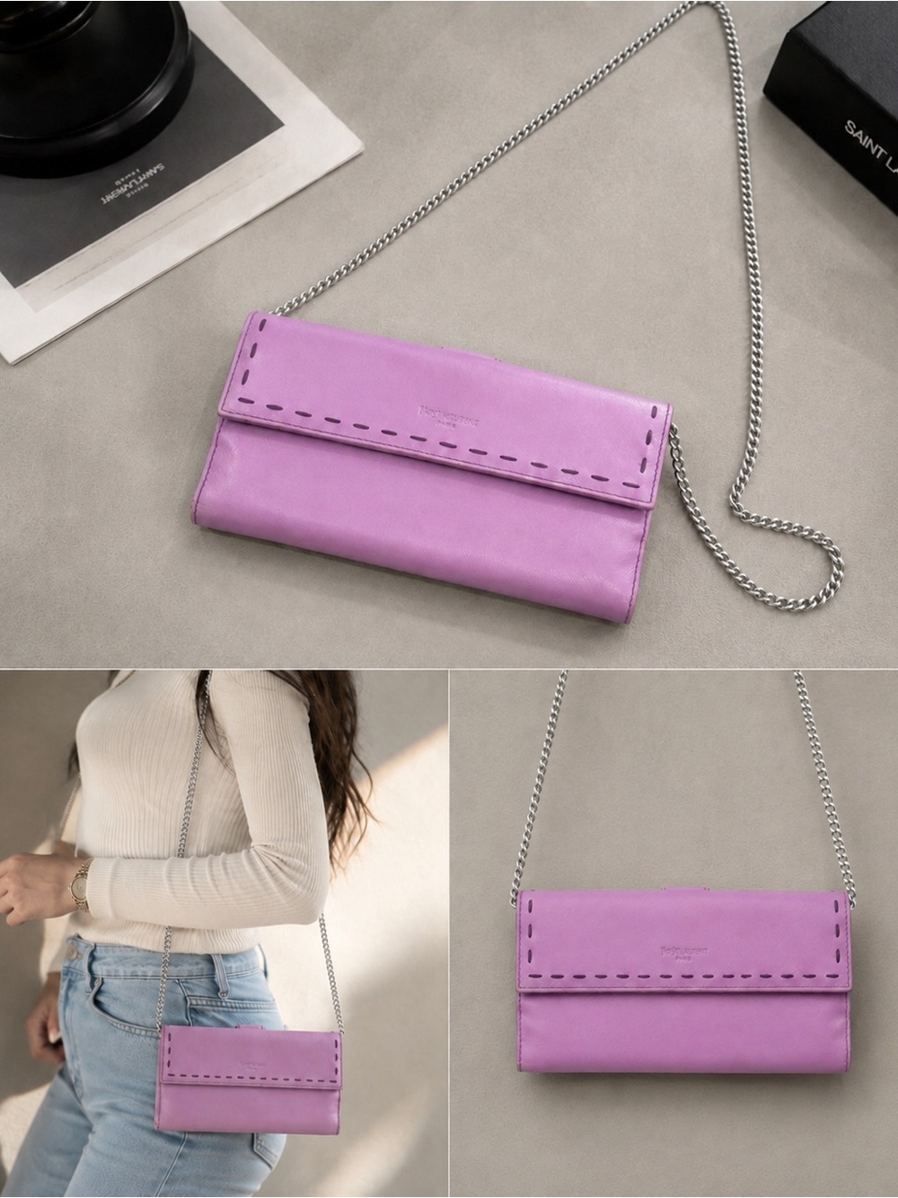 RARE Yves Saint Laurent Pastel Lilac Leather Wallet with Stitch Detail
